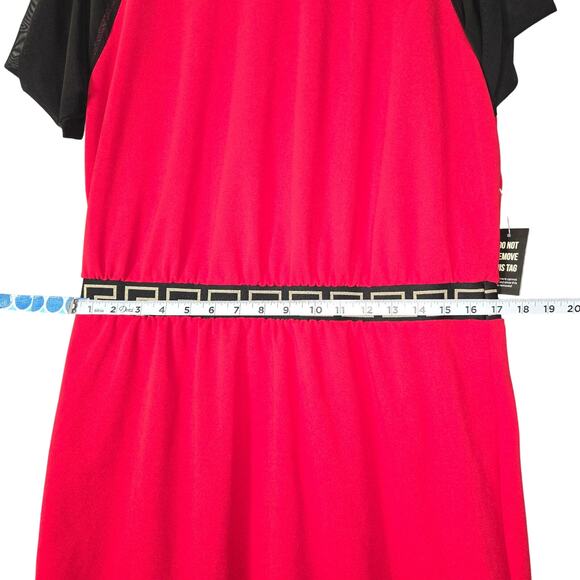 Ashley Stewart Womens 14/16 Red Midi Dress Black Mesh Sleeves Greek Key Trim NWT - Picture 7 of 12